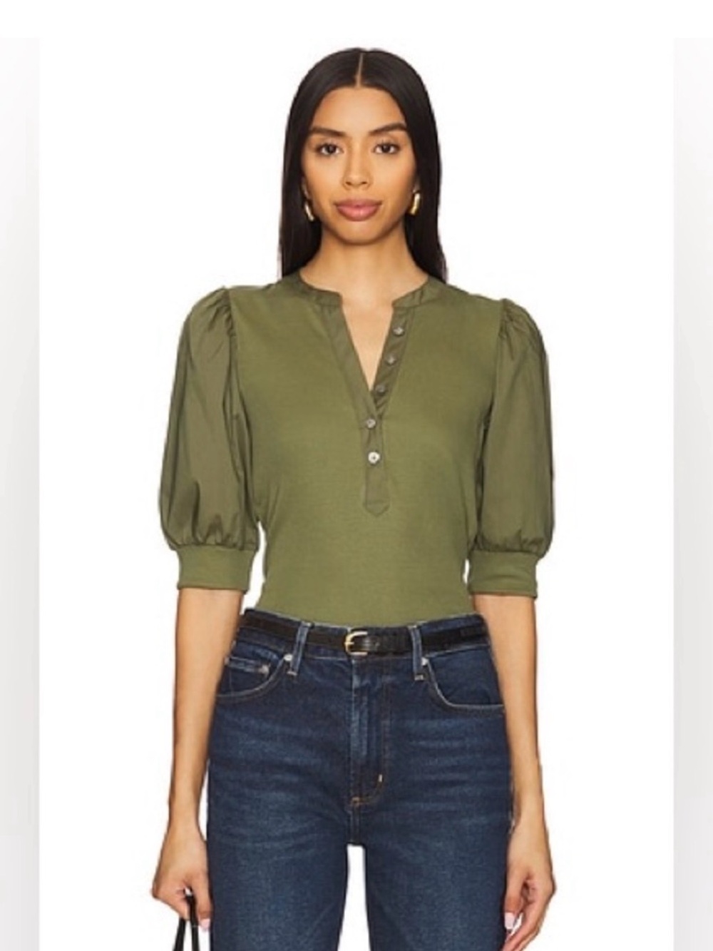 Veronica Beard Olive Puff-Sleeve Henley Top - Women